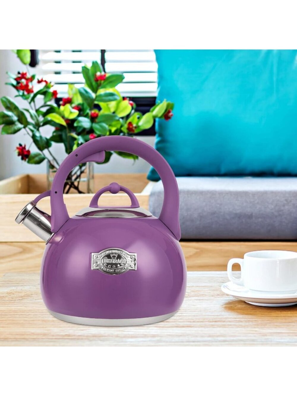Purple Kitchen Whistling Tea Kettle 3.1 Quart Stainless Steel Stovetop Tea Pot - Picture 6 of 7